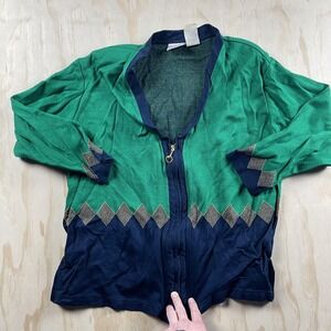 Vintage Napa Valley Cardigan Sweater Womens XL Green Navy Argyle Full Zip Knit